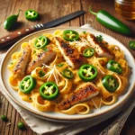 A plate of Rattlesnake Pasta with creamy cheese sauce, grilled chicken, and fresh jalapeño slices, garnished with parsley and Parmesan, served on a rustic wooden table.