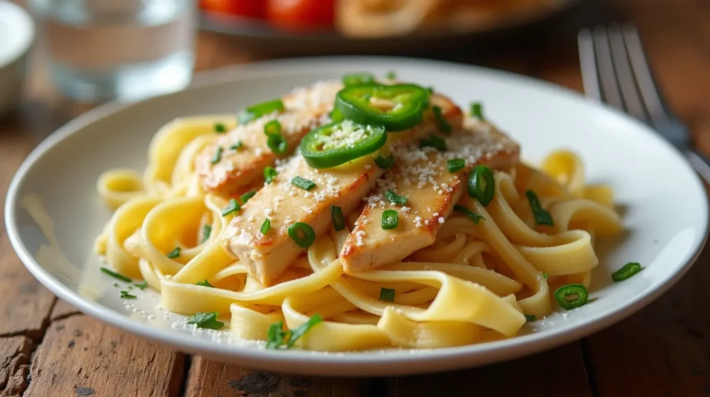 A plate of Rattlesnake Pasta with fettuccine, grilled chicken, fresh jalapeño slices, and Parmesan, garnished with green onions and parsley on a rustic wooden table.