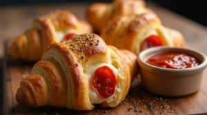 Golden, flaky Mozzarella Pepperoni Croissant Rolls with melted cheese and pepperoni, served with marinara sauce for dipping.
