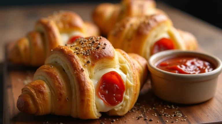 Golden, flaky Mozzarella Pepperoni Croissant Rolls with melted cheese and pepperoni, served with marinara sauce for dipping.