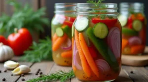 A glass jar filled with colorful refrigerator pickled vegetables, including cucumbers, carrots, radishes, and bell peppers, surrounded by fresh ingredients like garlic, dill, and spices.