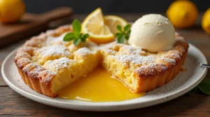 A freshly baked Magic Lemon Cobbler with a golden, crispy crust and gooey lemon filling, served on a white ceramic plate with vanilla ice cream, fresh lemon slices, and a sprig of mint.
