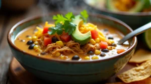 A steaming bowl of creamy chicken tortilla soup, garnished with crispy tortilla strips, fresh cilantro, diced avocado, shredded cheddar cheese, and a lime wedge. The rich, golden broth is filled with shredded chicken, black beans, corn, and diced tomatoes, served in a rustic bowl on a wooden table.