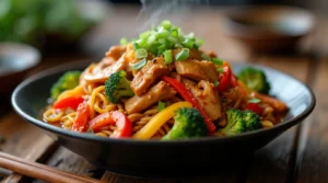 A bowl of Chicken Ramen Stir Fry with golden-brown chicken, colorful bell peppers, carrots, and broccoli, mixed with ramen noodles in a savory sauce, garnished with sesame seeds and green onions.
