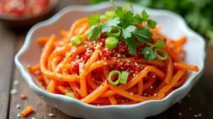 Spicy Korean Carrot Salad with julienned carrots, sesame seeds, Korean chili flakes, and green onions in a white bowl