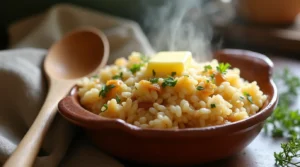 A bowl of golden French Onion Butter Rice with caramelized onions, topped with fresh parsley, served in a rustic dish with a wooden spoon beside it. Steam rises gently, highlighting its warm, comforting appeal.