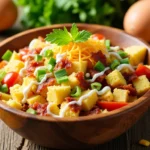 A vibrant and realistic image of a fresh Cornbread Salad in a rustic wooden bowl. The salad is made with crumbled golden cornbread, diced juicy tomatoes, chopped green onions, shredded cheddar cheese, crispy bacon crumbles, and a creamy dressing. The salad is topped with a sprinkle of fresh herbs and looks fresh, inviting, and colorful. The background features a simple wooden kitchen countertop with a rustic touch, and a few ingredients like cornmeal, eggs, and fresh vegetables are subtly placed around the bowl. The lighting is soft and natural, highlighting the textures of the cornbread and vegetables.