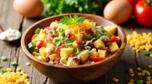 A vibrant and realistic image of a fresh Cornbread Salad in a rustic wooden bowl. The salad is made with crumbled golden cornbread, diced juicy tomatoes, chopped green onions, shredded cheddar cheese, crispy bacon crumbles, and a creamy dressing. The salad is topped with a sprinkle of fresh herbs and looks fresh, inviting, and colorful. The background features a simple wooden kitchen countertop with a rustic touch, and a few ingredients like cornmeal, eggs, and fresh vegetables are subtly placed around the bowl. The lighting is soft and natural, highlighting the textures of the cornbread and vegetables.