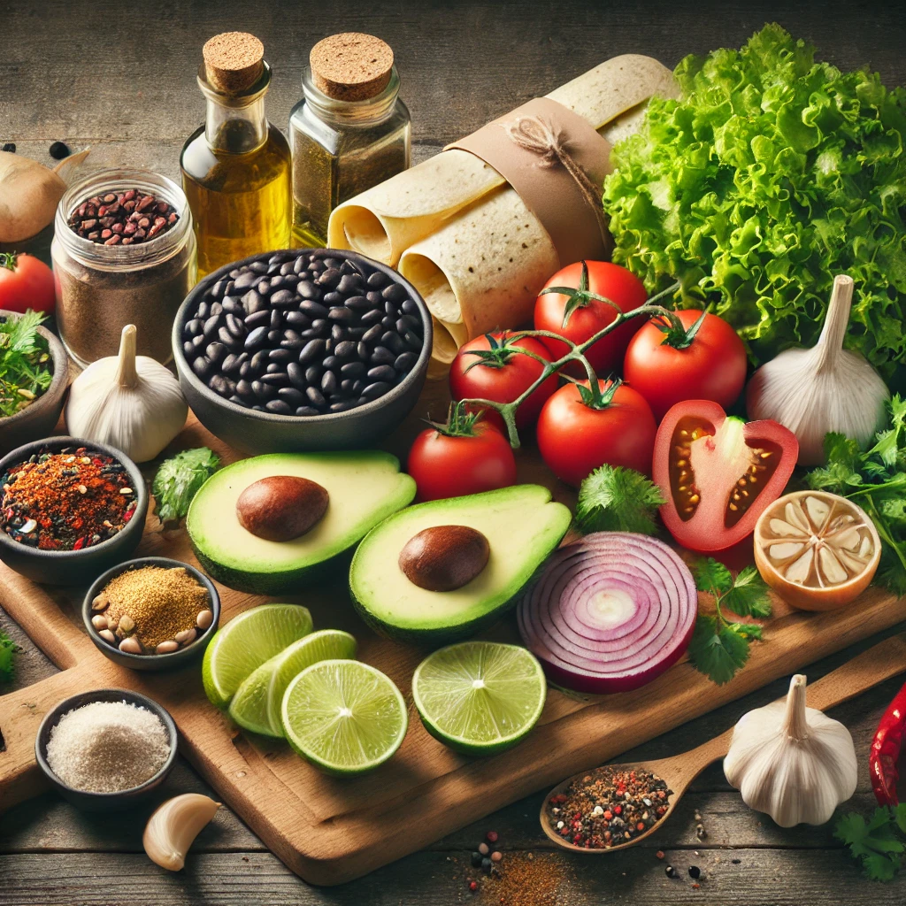 Ingredients for Chipotle Black Bean Tacos spread out on a wooden surface, including black beans, avocado slices, diced tomatoes, shredded lettuce, corn tortillas, cilantro, lime wedges, chipotle sauce, garlic, onions, olive oil, cumin, and chili powder.