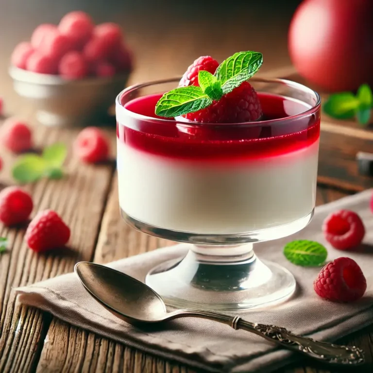 Panna cotta dessert in a glass bowl topped with raspberry sauce and fresh raspberries, with a spoon resting on a napkin beside it.