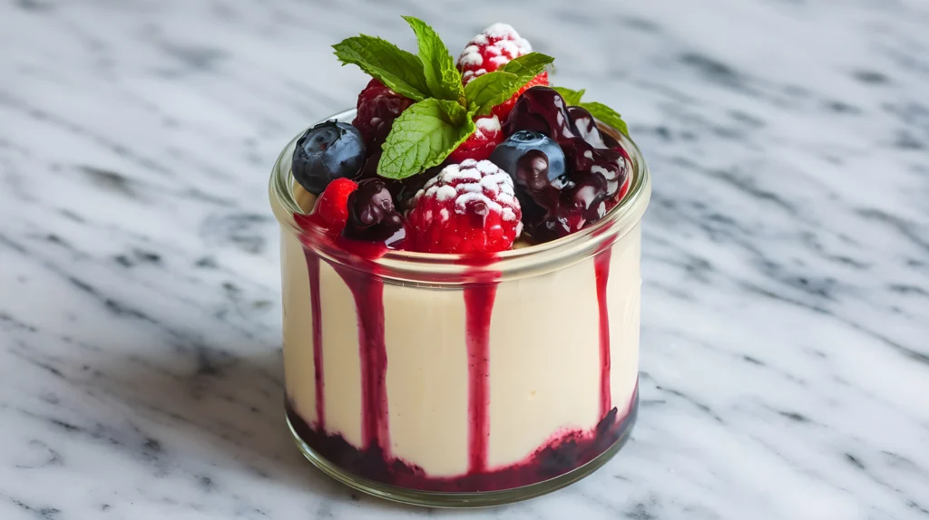 A glass jar filled with creamy panna cotta, topped with fresh raspberries, blueberries, and mint leaves, with berry sauce drizzling down the sides.