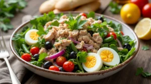 A vibrant and fresh Salade Niçoise featuring mixed greens, hard-boiled eggs, tuna, olives, cherry tomatoes, green beans, and a tangy vinaigrette dressing.