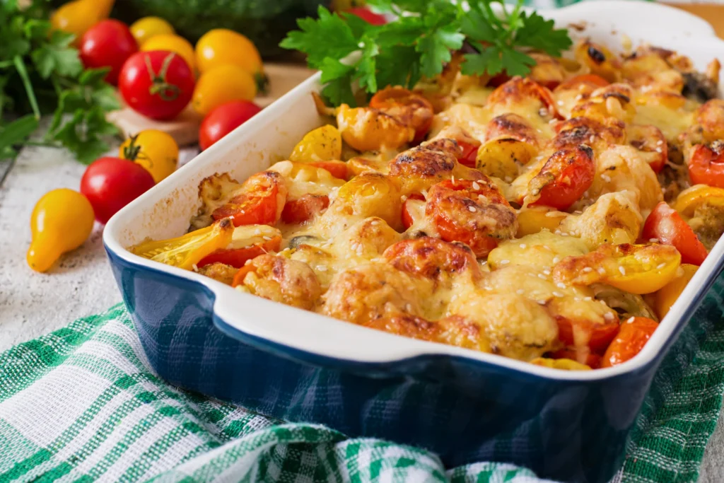 A freshly baked cheesy chicken and vegetable casserole in a blue dish, filled with golden-brown melted cheese, tender chicken, and vibrant cherry tomatoes.