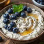 A bowl of blueberry cottage cheese topped with fresh blueberries, a drizzle of honey, and chia seeds, set in a cozy rustic breakfast scene.