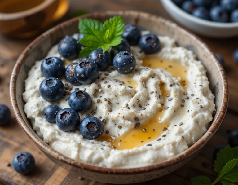 A bowl of blueberry cottage cheese topped with fresh blueberries, a drizzle of honey, and chia seeds, set in a cozy rustic breakfast scene.