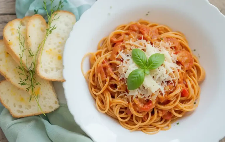 A bowl of creamy tomato pasta topped with fresh basil and Parmesan, served with garlic bread on the side.