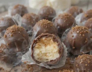 A plate of homemade Tiramisu Truffles dusted with cocoa powder and coated in dark chocolate, arranged in an elegant, bite-sized display.