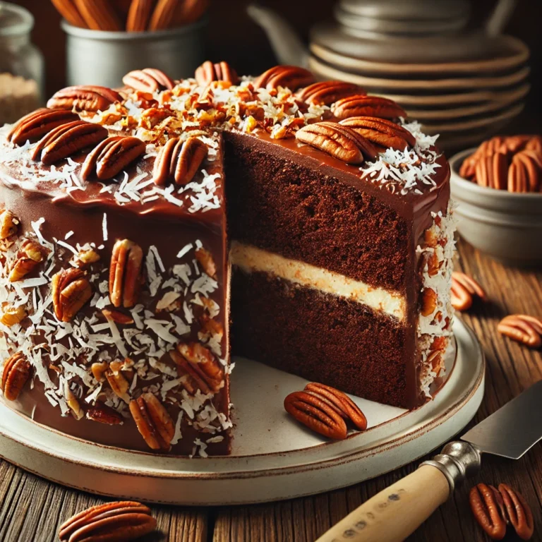 A slice of moist German chocolate cake with coconut-pecan frosting on top, served on a white plate with a fork, surrounded by ingredients like chopped pecans and shredded coconut.