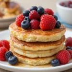 A stack of golden brown Flourless Cottage Cheese Pancakes topped with fresh berries and drizzled with honey, served on a white plate in a cozy breakfast setting.