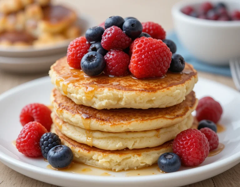 A stack of golden brown Flourless Cottage Cheese Pancakes topped with fresh berries and drizzled with honey, served on a white plate in a cozy breakfast setting.