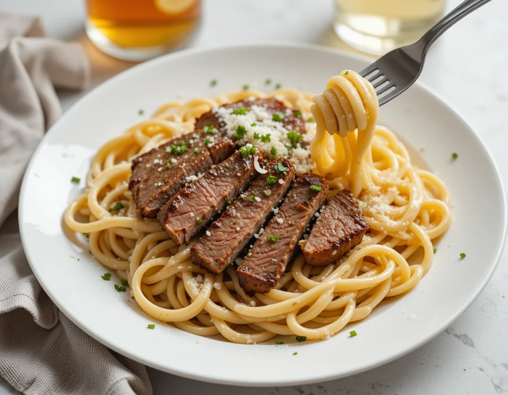 Sliced Cajun-spiced steak served over creamy Alfredo pasta, garnished with fresh parsley and Parmesan on a white plate.