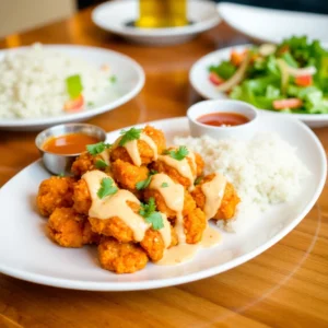 A plate of golden, crispy fried chicken bites drizzled with a creamy, spicy bang bang sauce, garnished with fresh parsley and sesame seeds.