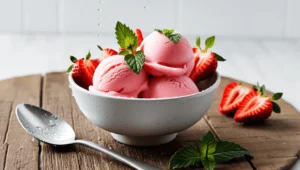 A bowl of homemade Strawberry Sorbet garnished with fresh mint leaves and sliced strawberries, placed on a rustic wooden table.