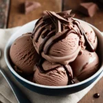A creamy bowl of homemade chocolate ice cream, topped with chocolate shavings and a drizzle of chocolate syrup, placed on a rustic wooden table.