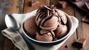 A creamy bowl of homemade chocolate ice cream, topped with chocolate shavings and a drizzle of chocolate syrup, placed on a rustic wooden table.