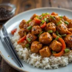 A plate of Black Pepper Chicken stir-fry with golden-brown chicken pieces coated in a glossy black pepper sauce, garnished with green onions and served over white rice.