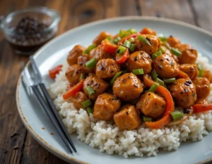 A plate of Black Pepper Chicken stir-fry with golden-brown chicken pieces coated in a glossy black pepper sauce, garnished with green onions and served over white rice.