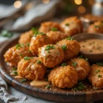 A plate of golden, crispy fried chicken bites drizzled with a creamy, spicy bang bang sauce, garnished with fresh parsley and sesame seeds.