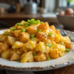 A plate of Cheesy Potato Egg Scramble with crispy potatoes, fluffy eggs, and melted cheddar cheese, garnished with green onions.