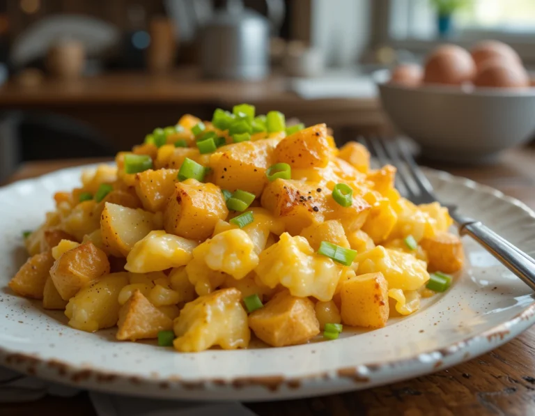 A plate of Cheesy Potato Egg Scramble with crispy potatoes, fluffy eggs, and melted cheddar cheese, garnished with green onions.