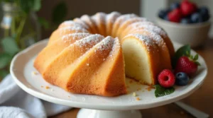 Freshly baked Easy Vanilla Cake with a light dusting of powdered sugar, slices cut to show moist texture, decorated with fresh berries and mint leaves.