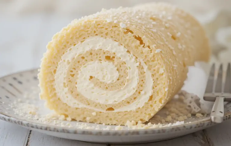 A sliced Japanese Cake Roll filled with whipped cream, showcasing the soft and fluffy sponge cake with a swirl pattern.