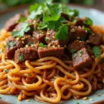 A plate of Sticky Beef Noodles with tender beef slices, glossy sticky sauce, and garnished with cilantro and sesame seeds, served with chopsticks.