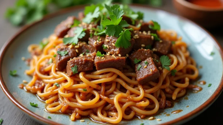 A plate of Sticky Beef Noodles with tender beef slices, glossy sticky sauce, and garnished with cilantro and sesame seeds, served with chopsticks.