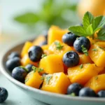 Vibrant Mango and Blueberry Salad with diced mango, fresh blueberries, and chopped mint leaves, drizzled with honey and lime juice.