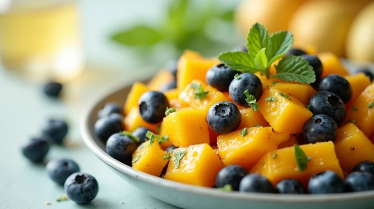 Vibrant Mango and Blueberry Salad with diced mango, fresh blueberries, and chopped mint leaves, drizzled with honey and lime juice.