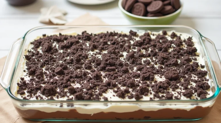 A delicious Oreo dirt cake with layers of crushed Oreos, vanilla pudding, and whipped topping, garnished with extra Oreo crumbs, served in a 9x13-inch dish on a kitchen table.