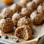 Easy Healthy Energy Bites made with oats, chia seeds, nut butter, and honey, displayed on a rustic wooden countertop with a drizzle of honey and chocolate chips.