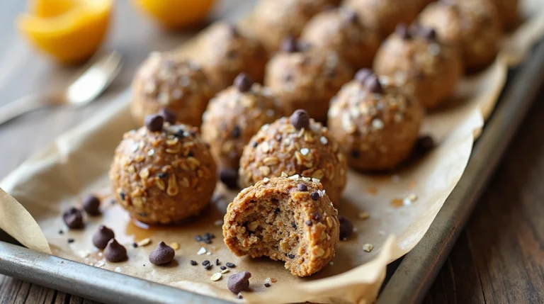 Easy Healthy Energy Bites made with oats, chia seeds, nut butter, and honey, displayed on a rustic wooden countertop with a drizzle of honey and chocolate chips.