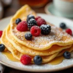 Healthy crepes stacked on a white plate with fresh berries, honey drizzle, and a sprinkle of powdered sugar.