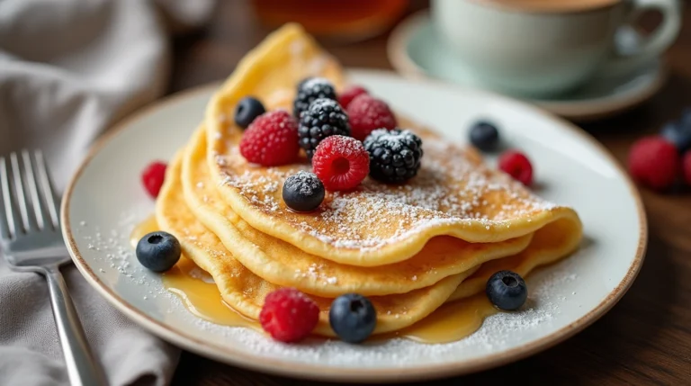 Healthy crepes stacked on a white plate with fresh berries, honey drizzle, and a sprinkle of powdered sugar.