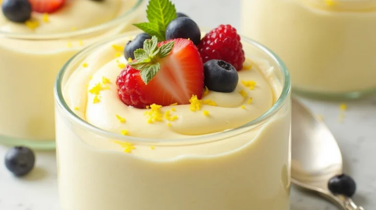 A creamy serving of Philadelphia lemon cheesecake mousse topped with fresh lemon zest, mint leaves, and berries, served in a clear glass cup.