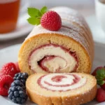 Swiss roll cake with a light sponge and creamy filling, sliced into rounds and dusted with powdered sugar, served with fresh berries and a cup of tea.