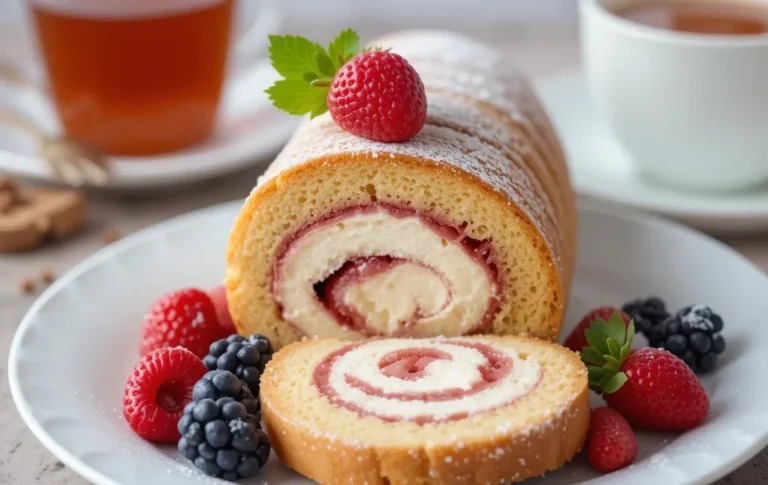 Swiss roll cake with a light sponge and creamy filling, sliced into rounds and dusted with powdered sugar, served with fresh berries and a cup of tea.