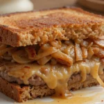 A delicious patty melt sandwich with melted cheese, caramelized onions, and a juicy beef patty, all sandwiched between golden-brown slices of rye bread, served on a plate.