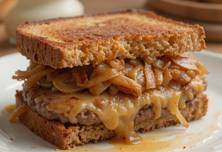 A delicious patty melt sandwich with melted cheese, caramelized onions, and a juicy beef patty, all sandwiched between golden-brown slices of rye bread, served on a plate.